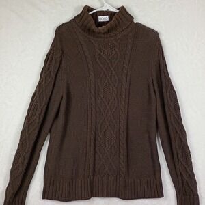 Eddie Bauer Mens Brown Cable Knit Turtleneck Sweater Large Chunky Cotton Blend